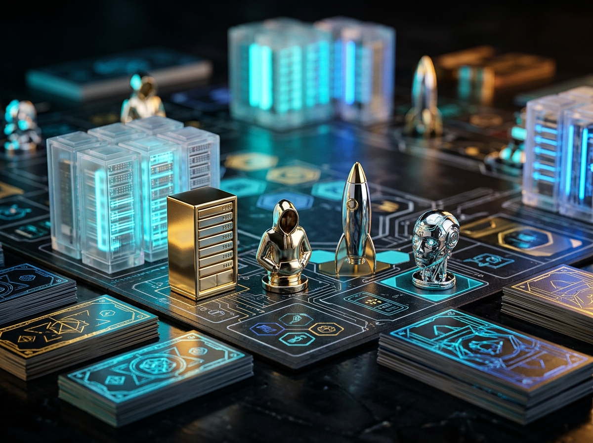Cognitarist key art: photoreal board game pieces, glowing data centres and stacks of currency