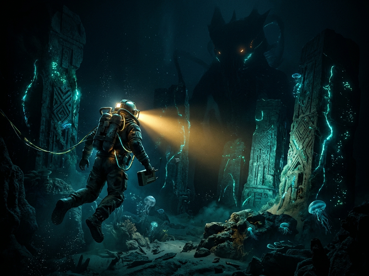Fathom key art: a lone diver facing sunken ruins in a dark abyssal trench