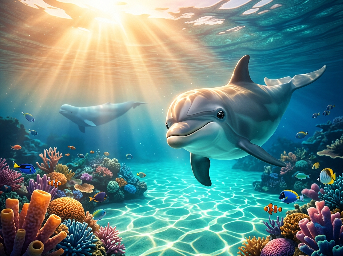 OceanPal key art: a friendly dolphin swimming through a sunlit coral reef